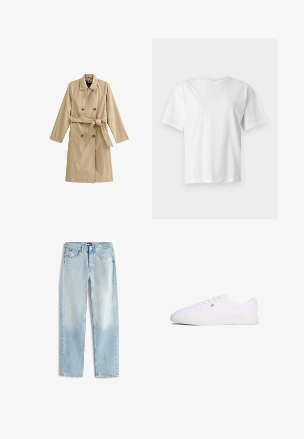 Beige trenchcoat van lichtgewicht stof, met een dubbele rij knopen, een ceintuur in de taille, twee zijzakken en een gevoerde kraag.; Effen wit T-shirt met korte mouwen en ronde hals, plat weergegeven op een lichtgrijze achtergrond.; Lichtblauwe rechte spijkerbroeken met vijf zakken, een ritssluiting en een klein Tommy Hilfiger-logo op de voorste tailleband en het muntzakje.; Witte lage sneaker met vetersluiting en een klein rood-wit-blauw logo aan de zijkant, platte rubberen zool.