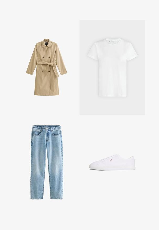 Beige trenchcoat van lichtgewicht stof, met een dubbele rij knopen, een ceintuur in de taille, twee zijzakken en een gevoerde kraag.; Effen witte T-shirt met korte mouwen en ronde hals, plat liggend op een lichtgrijze achtergrond, met voorzijde en label aan de binnenkant van de halslijn zichtbaar.; Lichtblauwe denim jeans met een relaxte pasvorm. Beschikt over vier zakken, een klassieke knoopsluiting en minimale vervaging voor een uniforme textuur.; Witte lage sneaker met vetersluiting en een klein rood-wit-blauw logo aan de zijkant, platte rubberen zool.