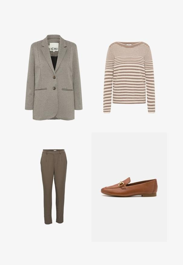 Geruite blazer in beige en zwart. Gestructureerd ontwerp met notch-revers, twee voorzakken en twee bruine knopen aan de voorkant.; Gestreepte trui in beige en crèmekleurig, met lange mouwen, een brede halslijn en een structuurgebreide ontwerp.; Bruine taps toelopende nette broek met riemlussen en voorzakken, ontworpen voor formele of kantooroutfits.; Bruine leren instappers met een ronde neus, voorzien van een decoratieve gouden hardwareaccent. Platte zool en een glanzende afwerking.
