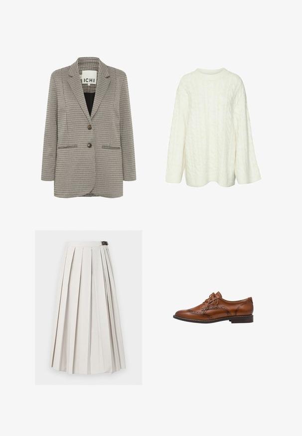 Blazer a cuadros en beige y negro. Diseño estructurado con solapas en pico, dos bolsillos frontales y dos botones marrones en la parte delantera.; Suéter de punto trenzado en color crema, con cuello redondo, mangas largas y dobladillos acanalados, que presenta un patrón texturizado en toda su superficie. Ligero y acogedor.; Falda larga blanca plisada con cierre lateral de hebilla, mostrada plana sobre un fondo blanco.; Zapato Oxford brogue de cuero marrón con detalles de ala, perforaciones, cordones y tacón bajo apilado sobre fondo blanco.