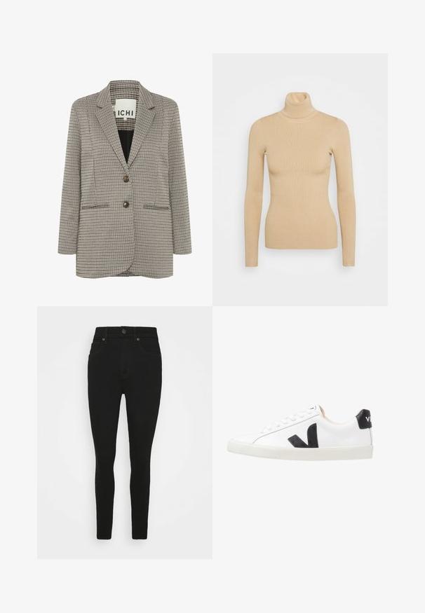 Blazer a cuadros en beige y negro. Diseño estructurado con solapas en pico, dos bolsillos frontales y dos botones marrones en la parte delantera.; Suéter de punto beige con cuello alto y mangas largas, que presenta una silueta ajustada y una textura suave. Sin hardware ni patrones visibles.; Jeans skinny negros de denim, con cintura alta, cinco bolsillos y cierre de botón. Textura suave con sutiles detalles de costura.; Zapatilla blanca con un logo en V negro, con una parte superior de cuero liso, puntera redonda, cierre de cordones y una lengüeta en el talón de color negro en contraste.