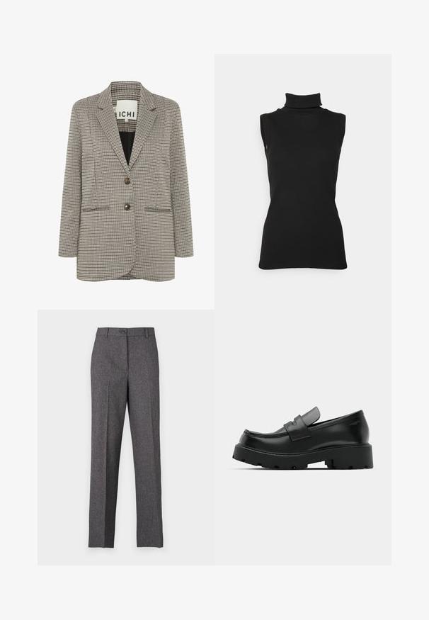 Blazer a cuadros en beige y negro. Diseño estructurado con solapas en pico, dos bolsillos frontales y dos botones marrones en la parte delantera.; Top negro sin mangas de cuello alto hecho de tela acanalada, con un cuello alto y una silueta ajustada. Textura suave con un diseño mínimo.; JDY Wide-leg JDYBLOOM Tapered Fit - Pantalones - black/white salt and pepper; Mocasines de cuero negro con suela gruesa y texturizada, que presentan una correa sobre el empeine y un acabado suave y pulido.
