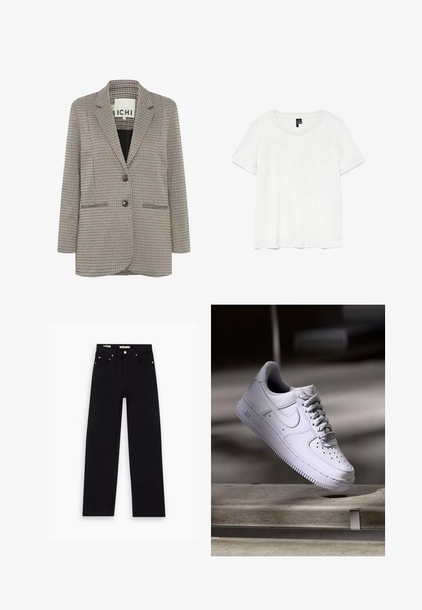 Blazer a cuadros en beige y negro. Diseño estructurado con solapas en pico, dos bolsillos frontales y dos botones marrones en la parte delantera.; Camiseta blanca de manga corta con un cuello redondo, hecha de tejido ligero. Diseño simple, textura suave y dobladillo recto.; Jeans de mezclilla negros con corte recto, cinco bolsillos, herrajes de cobre y una textura suave. Dos etiquetas visibles en la cinturilla.; Zapatilla Nike Air Force 1 blanca levitando sobre una superficie de hormigón con sombras en un entorno minimalista.
