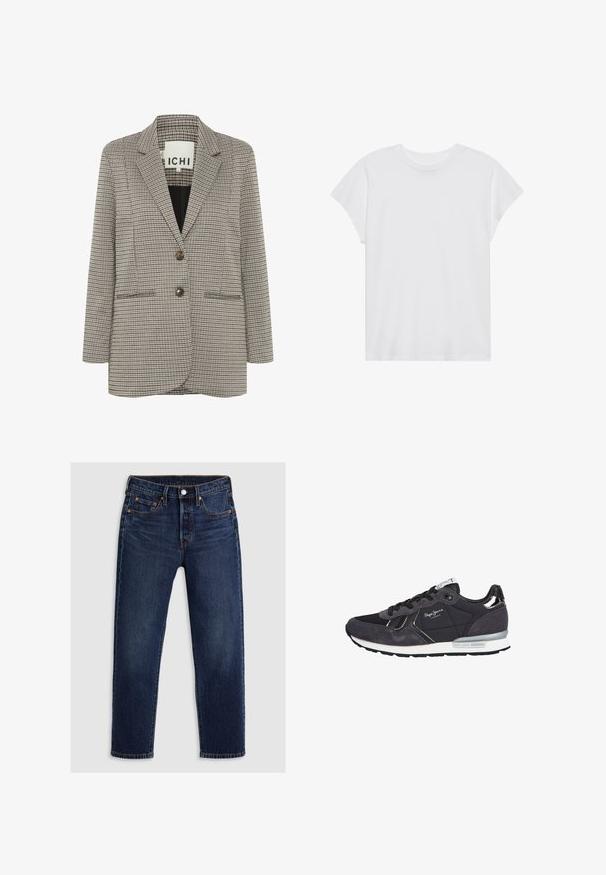 Karierter Blazer in Beige und Schwarz. Strukturiertes Design mit Reverskragen, zwei Fronttaschen und zwei braunen Knöpfen auf der Vorderseite.; Weißes kurzärmliges T-Shirt mit Rundhalsausschnitt, lockerer Passform, aus weichem Baumwollstoff. Glatte Textur, keine Muster oder Logos.; Dunkelblaue Jeans aus Denim mit geradem Bein-Design. Verfügt über einen Reißverschluss mit Knopfverschluss, fünf Taschen und kontrastierende Nähte.; Schwarze und graue Sneakers mit einer Mischung aus glatten und Wildleder-Oberflächen, Schnürdesign, metallischen Akzenten und einer gepolsterten, weißen Sohle.