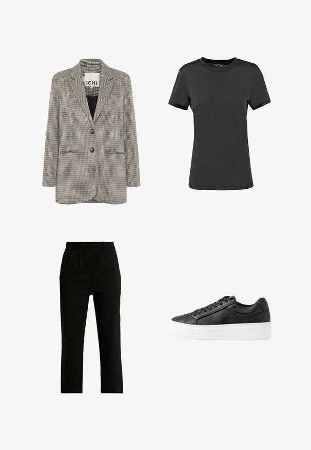 Geruite blazer in beige en zwart. Gestructureerd ontwerp met notch-revers, twee voorzakken en twee bruine knopen aan de voorkant.; Zwarte korte mouwen t-shirt gemaakt van een gladde stof. Heeft een ronde hals zonder zichtbare patronen of accenten, wat zorgt voor een eenvoudig ontwerp.; Zwarte broek van een katoenmix, met een recht gesneden ontwerp, twee voorzakken, een enkele knoopsluiting en zichtbare stiksels.; Zwarte leren sneaker met een gestructureerd oppervlak, witte rubberen zool, ronde neus en vetersluiting. Kenmerkt zich door stiksels en een gladde tong.