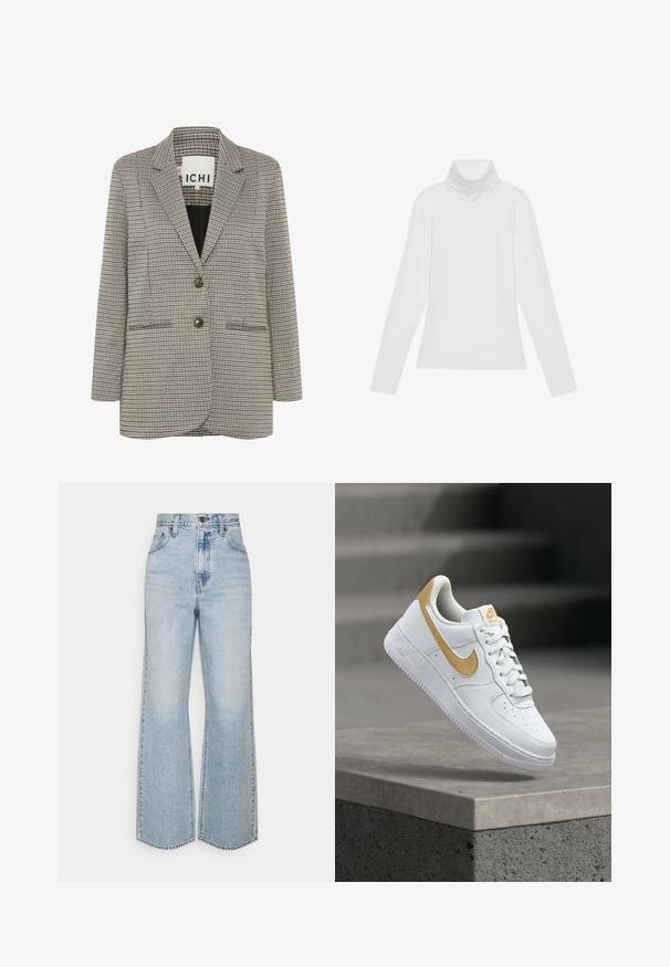Blazer a cuadros en beige y negro. Diseño estructurado con solapas en pico, dos bolsillos frontales y dos botones marrones en la parte delantera.; Top blanco de manga larga y cuello alto, confeccionado en una tela suave y elástica. Presenta un diseño ajustado, sin patrones o adornos visibles.; Jeans anchos de mezclilla de un azul claro con una cintura alta, diseño clásico de cinco bolsillos y costuras en contraste. Detalle de dobladillo sin terminar en la parte inferior.; Zapatilla blanca de cuero con detalles en dorado, que cuenta con una puntera perforada, cuello acolchado y suela texturizada, suspendida sobre una superficie de concreto.