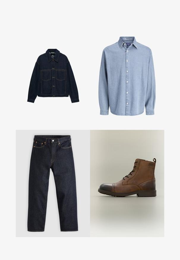 Veste en denim bleu foncé avec fermeture à boutons sur le devant, deux poches poitrine, manches longues et surpiqûres contrastantes.; Chemise en denim bleu clair à manches longues avec col et boutons blancs, présentée sur un fond blanc uni.; Jean en denim bleu foncé avec une coupe droite, cinq poches, des coutures orange contrastantes et une fermeture à boutons. Pas de motifs ou d'ornements visibles.; Botte cheville en cuir marron à lacets avec bout noir, semelle ronde et détail de marque sur le côté sur fond uni.