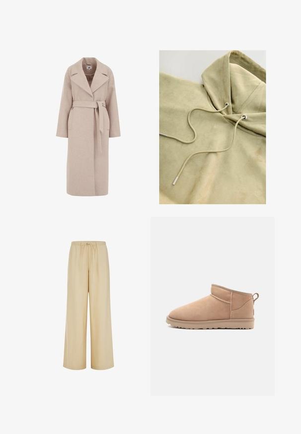 Lys beige uldblandingsfrakke med rullekrave, lange ærmer, belted liv og sidelommer; glat tekstur og knælangt design.; Beige hættetrøje lavet af blødt, tekstureret stof. Har en snor med metalliske ender og en afslappet pasform.; Beige bukser med vide ben, elastisk talje og snøre foran, løs pasform, glat og let stof.; Brune ruskindsankelstøvle med en rund tå, blød tekstur, enkelt design og en lavprofil gummisål. Har en trækrem bagpå.