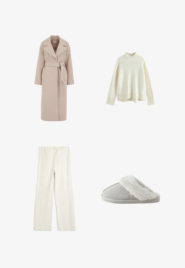 Lys beige uldblandingsfrakke med rullekrave, lange ærmer, belted liv og sidelommer; glat tekstur og knælangt design.; Cremefarvet sweater med ribbet høj hals, lange ærmer og en afslappet pasform. Struktureret strikstof og ribbestykke detalje i bunden.; Koton WIDE LEG - Træningsbukser - beige; Lysegrå slip-on tøfler med blødt hvidt kunstpelsfor og sål mærket "NEXT," set fra siden på hvid baggrund.