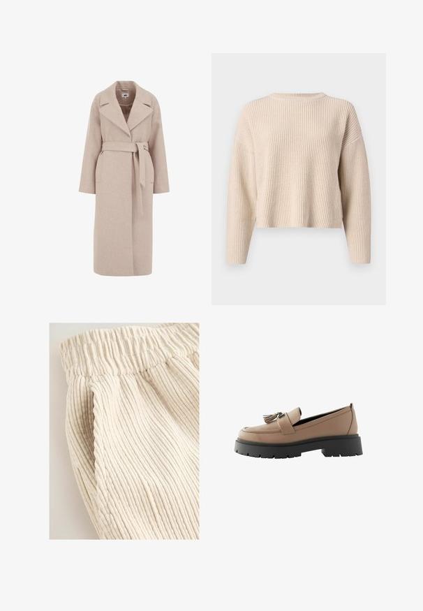 Lys beige uldblandingsfrakke med rullekrave, lange ærmer, belted liv og sidelommer; glat tekstur og knælangt design.; Beige strikket sweater med rund halsudskæring, lange ærmer og en afslappet pasform. Har ribbet struktur og en cropped kant.; Cremefarvet kordfløjl med vertikale ribber og elastisk talje, der fremviser et blødt, luxe materiale og en afslappet facon.; Beige læder loafers med frynseaccent, der har en kraftig sort platformssål og tekstureret overflade, designet til komfort og stabilitet.
