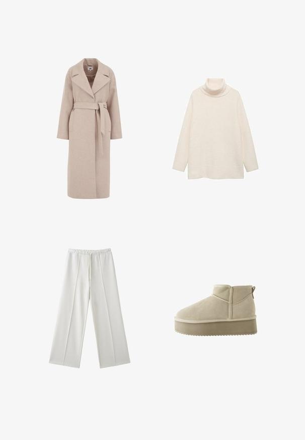 Lys beige uldblandingsfrakke med rullekrave, lange ærmer, belted liv og sidelommer; glat tekstur og knælangt design.; Cremefarvet turtleneck sweater lavet af blødt, struktureret stof. Har lange ærmer og en løs, afslappet pasform. Enkel design uden mønstre.; Hvide bukser med brede ben, elastisk talje og snøre, med sømdetaljer ned foran på hvert ben.; Beige ruskindsankelstøvle med rund tå og en tyk platformssål. Har en pull tab og syninger langs sømmene.