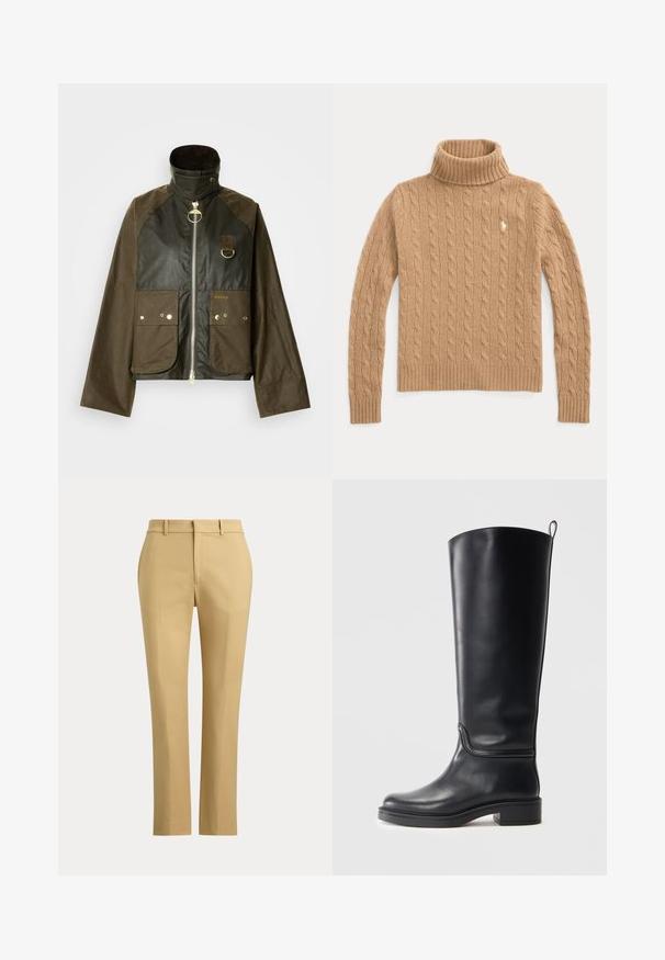 Veste en coton ciré vert foncé et marron, avec un col montant, une fermeture éclair, deux poches avant et des détails en métal doré.; Pull col roulé en maille torsadée couleur camel, manches longues et poignets côtelés, avec un petit logo brodé sur la poitrine.; Pantalon beige droit avec passants de ceinture, fermeture éclair à l'avant et plis sur mesure sur un fond clair uni.; Botte en cuir noir hauteur genou avec une texture lisse, bout arrondi et semelle épaisse. Présente un détail de couture subtil et une languette en haut.
