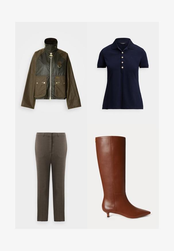 Veste en coton ciré vert foncé et marron, avec un col montant, une fermeture éclair, deux poches avant et des détails en métal doré.; Polo bleu marine en coton. Il présente un col à revers, cinq boutons dorés, et un logo subtil sur la poitrine. Manches courtes.; Pantalons pour hommes taillés, marron, avec des plis sur le devant et des passants de ceinture, présentés sur un fond blanc.; Botte en cuir marron montant jusqu’au genou avec bout pointu et petit talon kitten sur un fond uni clair.