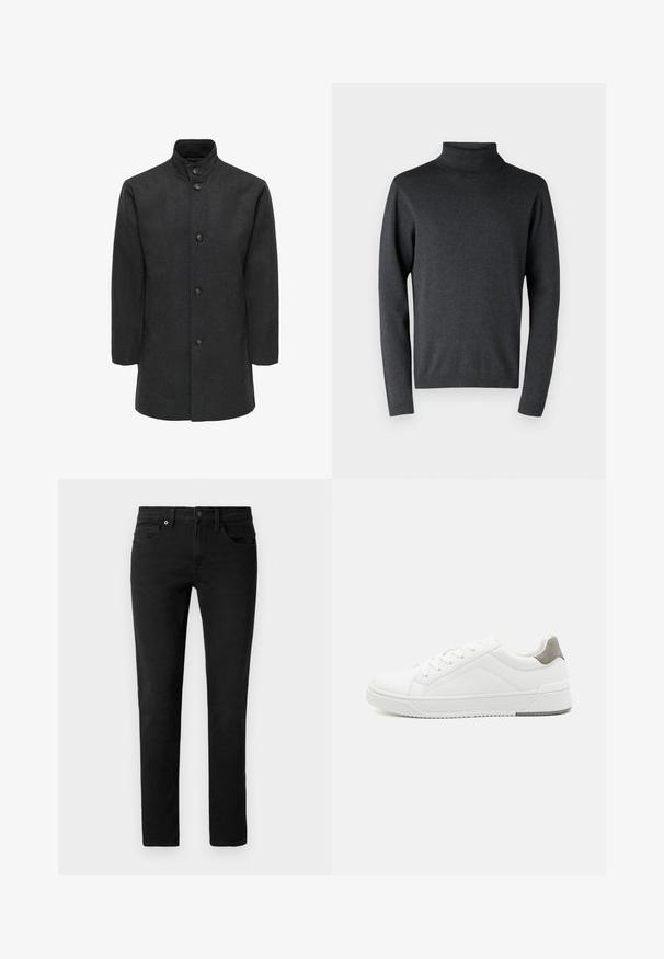 Manteau en laine gris foncé avec un col mandarin, six boutons sur le devant et des poches latérales. Texture lisse avec un design propre et ajusté.; Pull à col roulé gris foncé en matériau doux, doté de manches longues et de bords côtelés aux poignets et à l'ourlet, avec une texture lisse et uniforme.; Jeans en denim noir à coupe droite. Dotés d'une fermeture éclair, de cinq poches et de coutures discrètes. Texture lisse et couleur unie.; Basket blanche en cuir lisse, à bout arrondi, design minimaliste, accent de talon gris et semelle en caoutchouc texturé.
