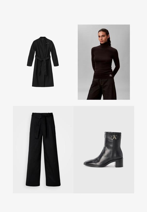 Sort frakke lavet af et glat, struktureret stof. Har et indviklet design, lange ærmer og et bindebånd i taljen. Inkluderer en dekorativ lås.; Kvinde med mørkt hår iført en sort ribbet rullekravesweater og mørke, vidde bukser mod en ensfarvet grå baggrund.; Sorte bukser med bred benvidde og bæltestrop, der har et enkelt design og en glat tekstur, lavet af et holdbart materiale.; Sort læder ankelstøvle med spids tå, blokhæl og en rem med en metallisk logo detalje. Glat tekstur og minimalistisk design.