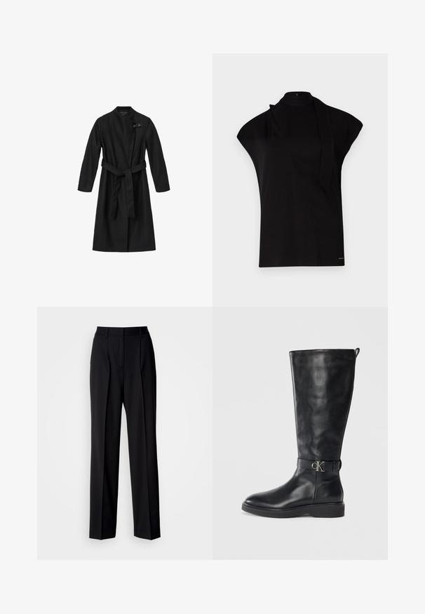 Sort frakke lavet af et glat, struktureret stof. Har et indviklet design, lange ærmer og et bindebånd i taljen. Inkluderer en dekorativ lås.; Sort, højhalset top med korte ærmer, der har et asymmetrisk design og et langt halsbånd. Lavet af glat stof med et minimalistisk udtryk.; Sorte skræddersyede bukser med høj talje, plisseringer og en vid benform. Fremstillet af glat stof med fladt foran og bæltestropper.; Sorte læder knæhøje støvler med lav hæl, rund tå og metallisk "CK" logo spænde om anklen.