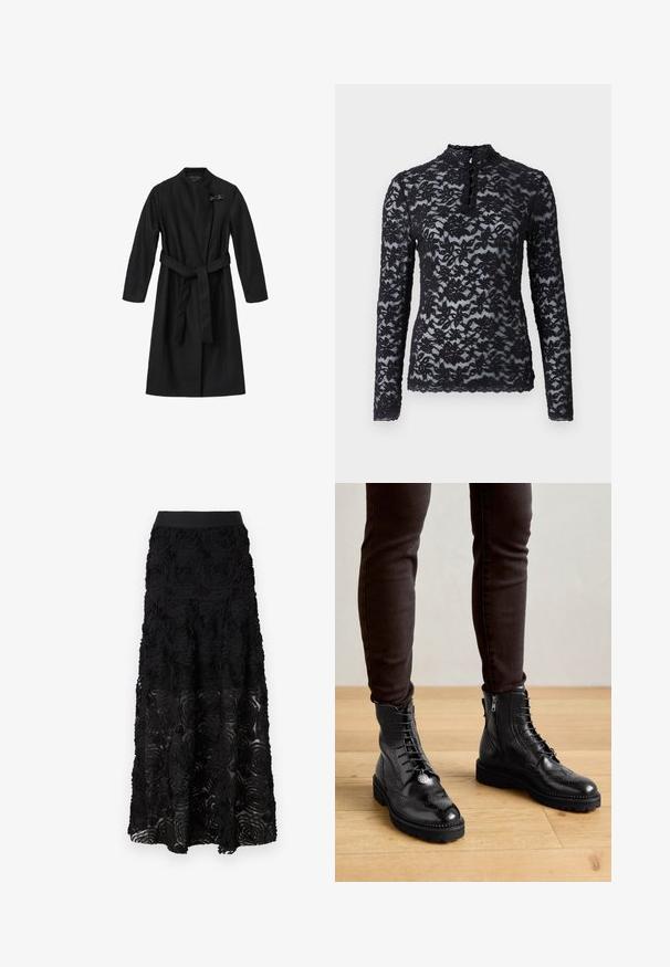 Sort frakke lavet af et glat, struktureret stof. Har et indviklet design, lange ærmer og et bindebånd i taljen. Inkluderer en dekorativ lås.; Rosemunde Langærmet T-shirt - black; Maje JOSINO - Maxinederdele - noir; Sorte læder ankelstøvler med brogue-detaljer, snørebånd foran, sideskafter og teksturerede gummisåler. Matchet med mørke slim-fit bukser.