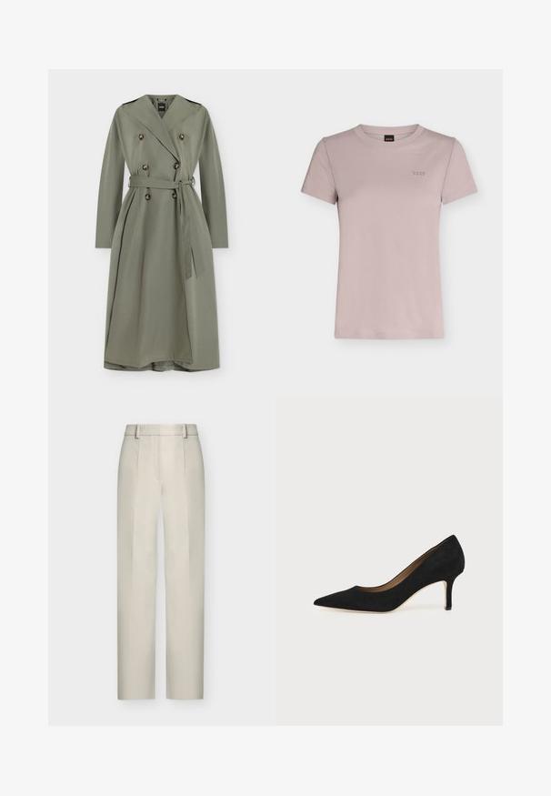 Long trench-coat olive clair à double boutonnage, larges revers, ceinture à la taille et pattes d’épaule, présenté sur fond blanc.; T-shirt en coton mauve clair à manches courtes et col rond avec un petit logo brodé "BOSS" sur la poitrine gauche.; Pantalon beige taille haute à jambes droites, avec passants de ceinture et plis à l'avant, présenté sur fond blanc.; Escarpin en daim noir à bout pointu avec un talon stiletto fin de hauteur moyenne et un design à coupe basse sur un fond uni.