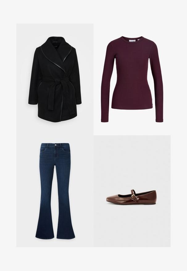 Zwarte wol coat met brede kraag en leren accenten, lange mouwen en voorzakken op een witte achtergrond.; Getailleerde ribgebreide top met lange mouwen in donkerpaars met een ronde hals zonder zichtbare knopen of patronen.; Donkerblauwe denim jeans met een hoge taille en uitlopende pijpen, met voorzakken, riemlussen en een knoopsluiting.; Bruine gepatineerde leren balletschoen met een vierkante neus en een bandje met een kleine gouden gesp. Gladde textuur, lage hak en minimalistisch ontwerp.