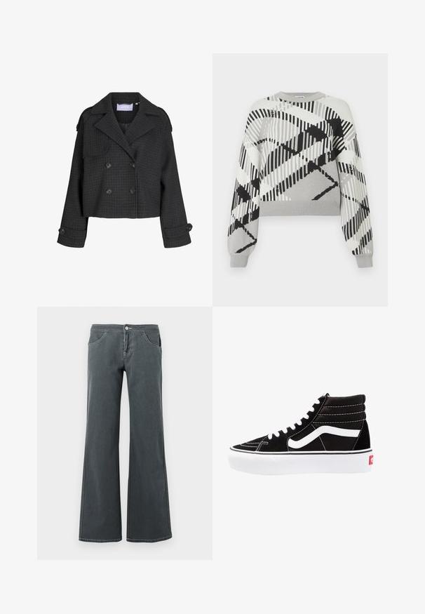Dunkelgraue, kurz geschnittene, doppelt geknöpfte Wolljacke mit Karomuster, breiten Revers, geknöpften Manschetten und Schulterklappen.; Grauer Sweater mit einem geometrischen schwarz-weißen Muster, langen Ärmeln, Rundhalsausschnitt und gerippten Bündchen sowie Saum.; Ausgestellt geschnittene graue Jeans aus Denim mit glatter Textur. Zu den Merkmalen gehören ein Knopfverschluss, Gürtelschlaufen und vordere Taschen.; Schwarze High-Top-Sneaker mit weißen Schnürsenkeln, einem weißen Logo und kontrastierendem weißen Nähten. Verfügt über eine dicke weiße Sohle und ein strukturiertes Wildleder-Obermaterial.
