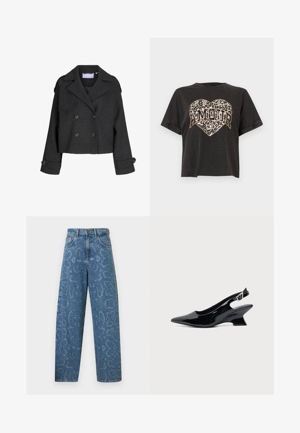 Mørkegrå kort uldjakke med dobbeltradet knaplukning, ternet mønster, brede revers, knappede manchetter og skulderstropper.; Sort kortærmet cropped t-shirt med leopardprint-hjerte og ordet "AMOUR" i fed skrift henover midten.; Lyseblå, højtaljede jeans med løs pasform. Har en subtil mønstret tekstur og fem-lomme-design med sølvfarvet knaplukning.; Sort laklæder slingback sko med spids tå og lav vinklet blokhæl på ensartet lys baggrund.