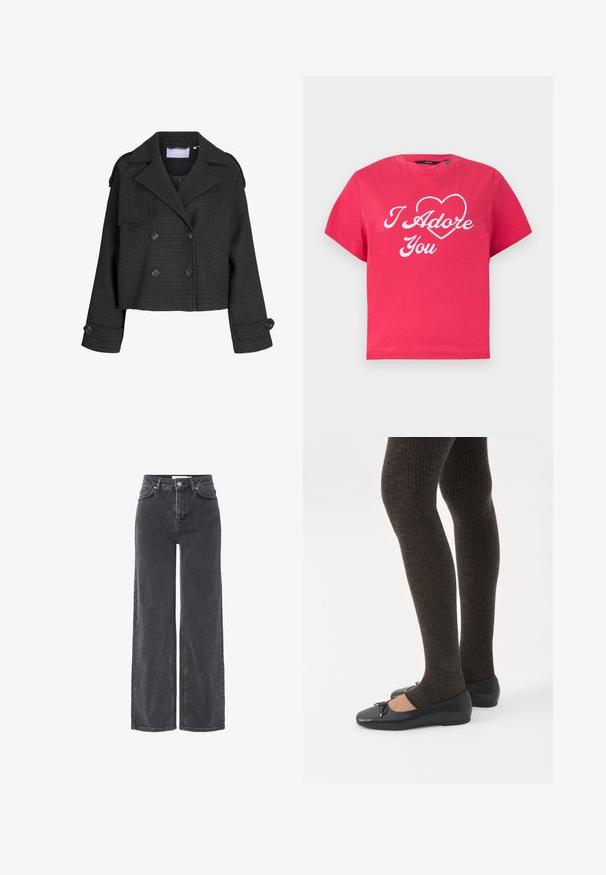 Donkergrijs, cropped, double-breasted wollen jasje met ruitpatroon, brede revers, mouwen met knopen en schouderepauletten.; Felroze T-shirt met korte mouwen met witte cursieve tekst "I Adore You" en een omlijnd hart op de borst.; Hoge taille zwarte denim jeans met brede pijpen, met een knoopsluiting, riemlussen en subtiele vervaging langs de stof.; Benen met donkere geribbelde leggings gecombineerd met zwarte ballerina's met kleine strikdetails op een witte achtergrond.