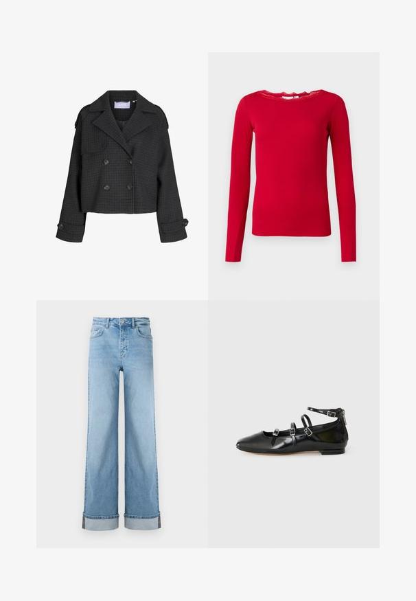 Dunkelgraue, kurz geschnittene, doppelt geknöpfte Wolljacke mit Karomuster, breiten Revers, geknöpften Manschetten und Schulterklappen.; Rotes Langarmoberteil aus geripptem Material mit einem gewellten Spitzenausschnitt. Einfaches Design mit einer taillierten Silhouette.; Hellblaue weite Jeans im klassischen Denim mit hoher Taille, ausgestattet mit umgeschlagenen Säumen und sichtbaren Nähten.; ALDO NELTA - Klassischer Ballerina - black