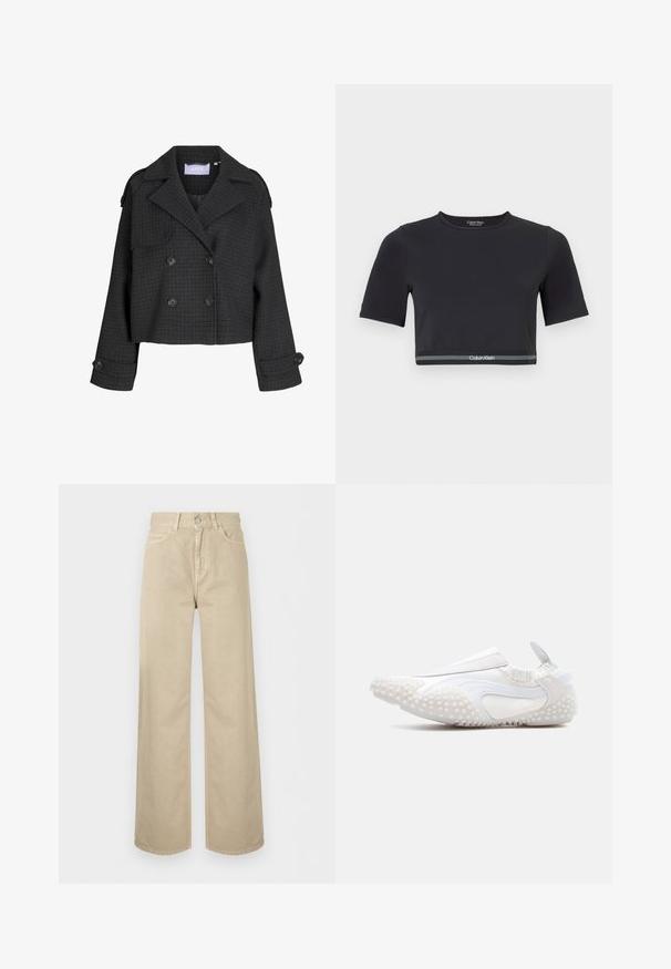 Mørkegrå kort uldjakke med dobbeltradet knaplukning, ternet mønster, brede revers, knappede manchetter og skulderstropper.; Sort kort T-shirt med korte ærmer, lavet af et glat stof. Har en grå kant forneden med "Calvin Klein"-logo i hvid.; Beige, vidde bukser med høj talje, foran med knap, lynlås og sidelommer, vist på en ensartet hvid baggrund.; Hvid slip-on sneaker med struktureret gummisål og sider, elastisk hals og trækstrop ved hælen, vist i sidelayout på ensfarvet baggrund.