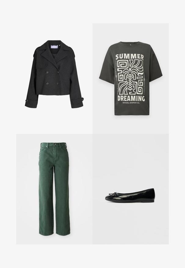 Dunkelgraue, kurz geschnittene, doppelt geknöpfte Wolljacke mit Karomuster, breiten Revers, geknöpften Manschetten und Schulterklappen.; Dunkelgraues, oversize T-Shirt mit einem großen weißen Grafikdesign, das abstrakte Muster und den Text "SUMMER DREAMING" in fetter Schrift zeigt.; Grüne weit geschnittene Jeans aus Denim. Sie verfügen über eine hohe Taille, gerade Beine, Fronttaschen und einen Metallknopfverschluss.; Schwarze Lackleder-Ballerinas mit abgerundeter Spitze, dekorativem Schleifendetail und flacher Sohle. Glatte Textur und minimalistisches Design.