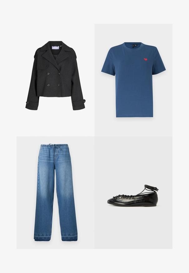 Mørkegrå kort uldjakke med dobbeltradet knaplukning, ternet mønster, brede revers, knappede manchetter og skulderstropper.; Blå kortærmet T-shirt med rund hals og et lille rødt hjerteemblem på venstre bryst mod en ensfarvet hvid baggrund.; Blå denim bukser med vide ben, elastisk talje og snøre, med lette falmede områder og syede kanter.; Sorte balletflade sko i laklæder med rundet tå, snørelukning og flad sål. Glat tekstur med få detaljer.