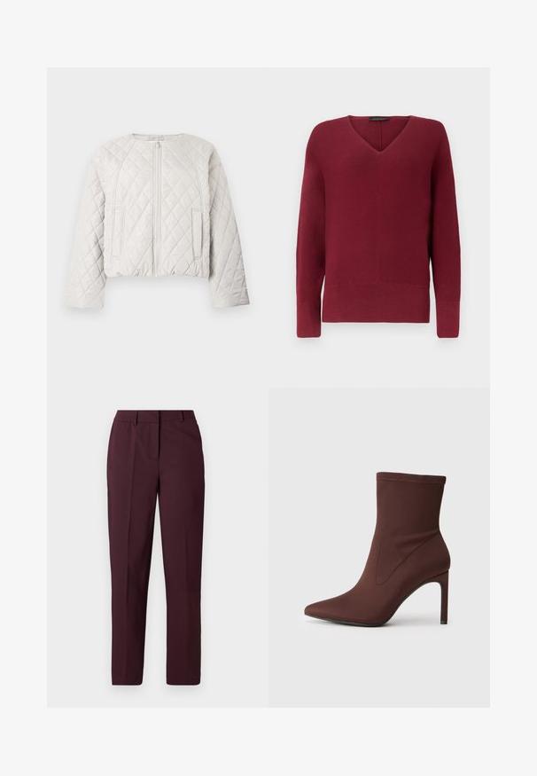 Veste matelassée courte en gris clair. Elle présente une fermeture éclair frontale, un col rond et deux poches latérales. Texture lisse avec un motif en losange.; Pull en maille bordeaux pour femmes à manches longues, col en V, avec poignets et ourlet côtelés.; Pantalon droit bordeaux avec une texture lisse, présentant un devant plat et sans poches visibles. Coupe ajustée avec une coupe classique.; Botte de cheville en tissu stretch marron avec un bout pointu et un talon stiletto de 10 cm. Détails de couture sur les côtés, texture lisse et sans fermetures visibles.