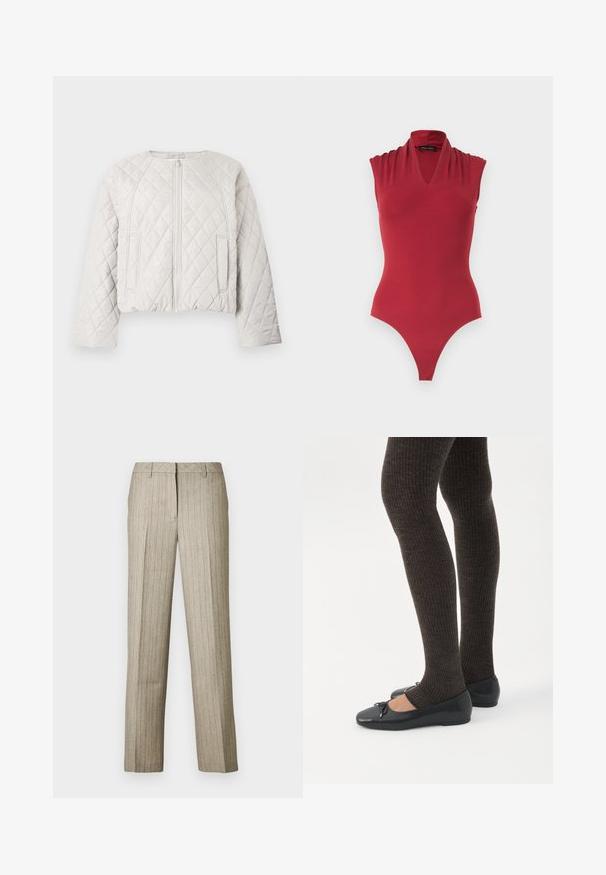 Veste matelassée courte en gris clair. Elle présente une fermeture éclair frontale, un col rond et deux poches latérales. Texture lisse avec un motif en losange.; Body rouge sans manches avec un décolleté en V et des détails froncés aux épaules, conçu pour une silhouette ajustée.; Pantalon beige à fines rayures avec une coupe droite, doté d'une ceinture structurée et d'une texture subtile sur l'ensemble du tissu.; Jambes portant des leggings côtelés foncés associés à des ballerines noires avec de petits détails en nœud sur fond blanc.