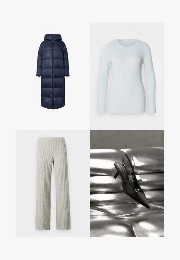Manteau matelassé bleu marine avec capuche, présentant une fermeture éclair à l'avant, un design surdimensionné et une texture matelassée. L'ourlet atteint la longueur mi-mollet.; T-shirt à manches longues bleu clair en tissu côtelé. Présente un col rond et une coupe ajustée. Texture lisse sans motifs ni embellissements visibles.; Pantalon tricoté gris clair avec motif torsadé, jambes droites et taille élastique sur fond blanc uni.; Escarpin slingback noir à bout pointu avec deux brides à boucle dorée reposant sur une surface rembourrée argentée brillante.