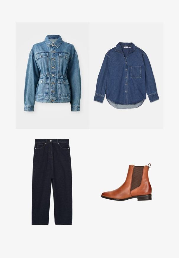 Lysblå denimjakke med krave, frontlommer og elastisk talje. Har sølvknapper og en afslappet pasform.; Mørkeblå denimskjorte med krave, knaplukning, enkelt brystlomme og lange ærmer med en buet kant. Blød tekstur.; Mørkeblå straight-leg denim jeans med frontknap, lynlås og fem-lomme design.; Brun læder ankelstøvle med elastiske sidepaneler, glat finish, afrundet tå og en lav stablet hæl. Accentsyning langs sømmene.