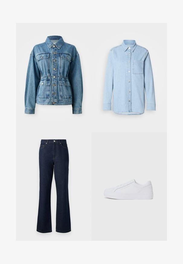 Lichtblauwe denimjack met een kraag, voorzakken en een elastische taille. Voorzien van zilveren knopen en een ontspannen pasvorm.; Lichtblauwe denim shirt met een knoopsluiting aan de voorkant, puntige kraag, één borstzak en lange mouwen met knoopmanchetten.; Donkerblauwe spijkerbroek met flared pijpen en een hoge taille, vijf-pocket ontwerp en contrasterende stiksels. Glad materiaal en afgewerkte randen.; Tommy Hilfiger TH PLATFORM - Sneakers laag - white