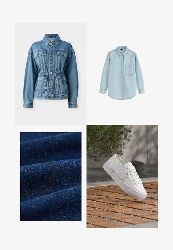 Lysblå denimjakke med krave, frontlommer og elastisk talje. Har sølvknapper og en afslappet pasform.; Lyseblå denim skjorte med lange ærmer og knapper foran, med en enkelt brystlomme og krave med fold, lagt fladt på en hvid baggrund.; Mørkeblå denimstof med en glat tekstur, subtil glans og let stræk. Synlig twill-mønster og fine, kontrasterende tråde.; Hvid læder sneaker med snørebånd og et lille rødt, hvidt og blåt logo, der svæver over en mønstret træ- og grusbelægning udendørs.