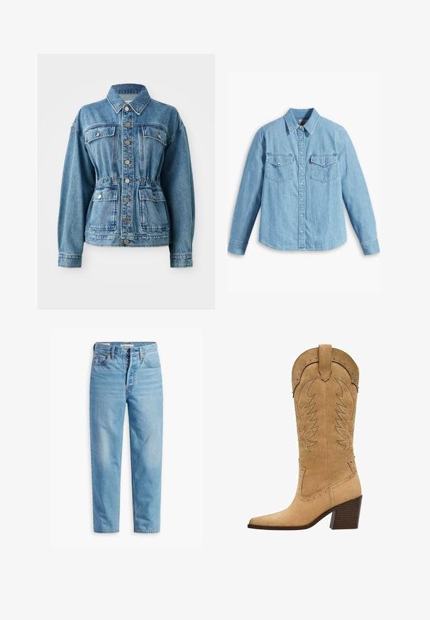 Lysblå denimjakke med krave, frontlommer og elastisk talje. Har sølvknapper og en afslappet pasform.; Lyseblå denimskjorte med lange ærmer, spidse krave, to brystlommer, knaplukning og subtil tekstur. Ingen synlige mønstre.; Lyseblå højtaljede straight-leg denimjeans med knaplukning og femlomme-design, vist fladt på en hvid baggrund.; Kamel-farvet ruskind cowboystøvle med spids snude, dekorative syninger og sideaccenter. Har en let forhøjet træhæl.
