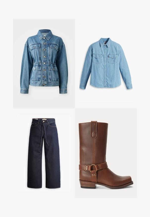 Lysblå denimjakke med krave, frontlommer og elastisk talje. Har sølvknapper og en afslappet pasform.; Lyseblå denimskjorte med lange ærmer, spidse krave, to brystlommer, knaplukning og subtil tekstur. Ingen synlige mønstre.; Bredde ben mørkeblå denim jeans med høj talje, der har snoretræk, fem lommer og kontrastsyet detaljer.; Brun læder midt på læggen støvle med lavt træhæl, rund snude og dekorativ strop med metalnitter rundt om anklen.