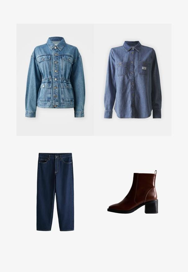 Lysblå denimjakke med krave, frontlommer og elastisk talje. Har sølvknapper og en afslappet pasform.; Blå denim langærmet skjorte med button-down krave, to brystlommer, klassisk pasform og subtil tekstur. Label på venstre lomme.; Mørkeblå straight-leg jeans med forlommer, bæltestropper og knaplukning mod en hvid baggrund.; Brun læder ankelstøvle med firkantet tå og sidesøm, en 7,5 cm stablet hæl og en trækflap bagpå for nem påtagning.