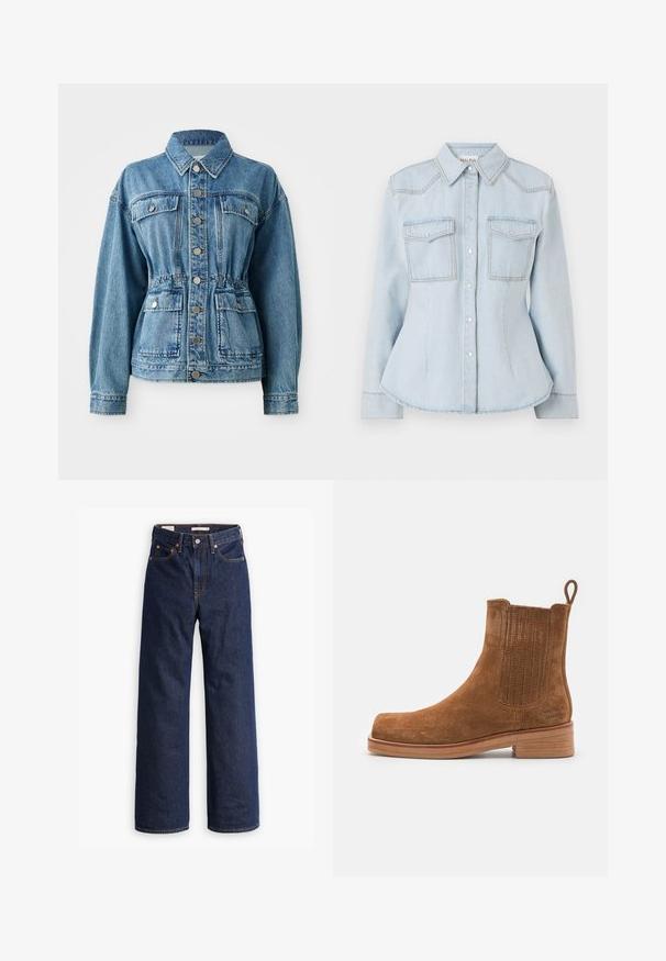 Lysblå denimjakke med krave, frontlommer og elastisk talje. Har sølvknapper og en afslappet pasform.; Lyseblå denimskjorte med tætsiddende design, spids krave, to brystlommer og kontraststing. Har knaplukning og lange ærmer.; Mørkeblå straight-leg denim jeans med fem lommer, orange syninger og knaplukning.; Brune ruskindsankelstøvle med elastiske sider og løkke, der har en afrundet tå og en stablet hæl i en lys træfarve.