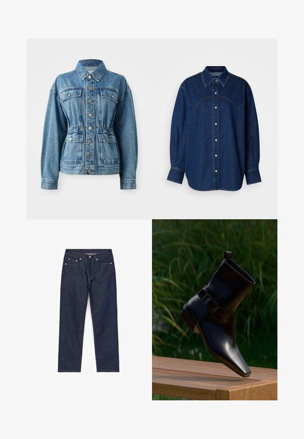Lysblå denimjakke med krave, frontlommer og elastisk talje. Har sølvknapper og en afslappet pasform.; Mørkeblå denimskjorte med knaplukning foran, klassisk krave, lange ærmer og kontrasterende syninger over skuldrene.; Mørkeblå denim jeans med lige ben, der har fem lommer, kontrasterende orange syninger og en metalknaplukning i taljen.; Sort læderankelstøvle med firkantet tå og sidelås, placeret ovenpå en træbænk med grøn græs baggrund.