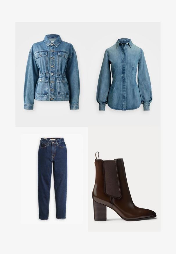 Lysblå denimjakke med krave, frontlommer og elastisk talje. Har sølvknapper og en afslappet pasform.; Lys blå denimskjorte med spidse kraver, pufærmer og sidelommer. Har knaplukning og en buet kant.; Mørkeblå denimjeans med høj talje, femlommedesign og lige ben. Kontrastsyninger og knaplukning.; Mørkebrun læderstøvle med blokhæl og elastisk sidepanel, med en trækflap bagpå for nem påtagning.