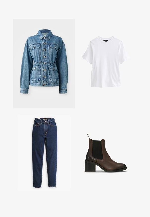 Lysblå denimjakke med krave, frontlommer og elastisk talje. Har sølvknapper og en afslappet pasform.; Hvid t-shirt med korte ærmer og rund halsudskæring med en sort tøjetiket inde i kraven på hvid baggrund.; Mørkeblå denimjeans med høj talje, femlommedesign og lige ben. Kontrastsyninger og knaplukning.; Brune læderankelstøvler med elastiske sidepaneler, en blokhæl, glat tekstur og en trække-flap for nem påtagning.