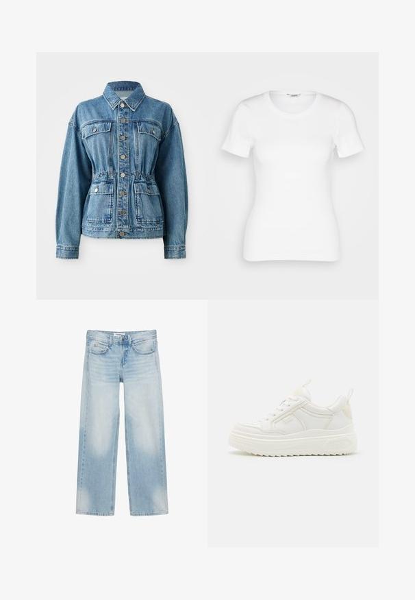 Lichtblauwe denimjack met een kraag, voorzakken en een elastische taille. Voorzien van zilveren knopen en een ontspannen pasvorm.; Witte katoenen T-shirt met korte mouwen, ronde halslijn en ribbelstructuur. Strakke pasvorm met een gladde, schone afwerking.; Lichtblauwe wijde jeans met vijf zakken, riemlussen, knoopsluiting en subtiele vervaging op de voorkant van de dijen en knieën.; Witte leren sneakers met een stevige zool, vetersluiting en subtiele branding. Heeft een zachte textuur en een ronde neus.
