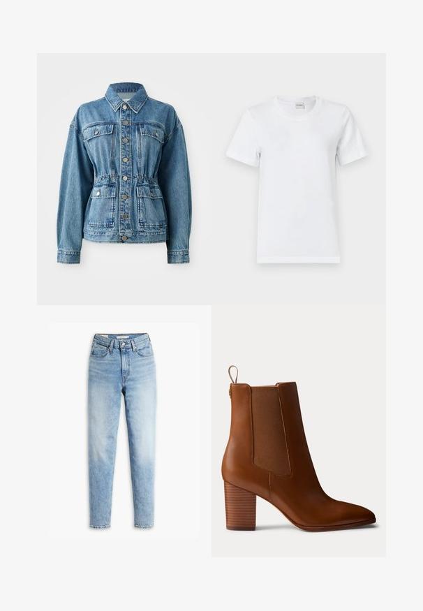 Lichtblauwe denimjack met een kraag, voorzakken en een elastische taille. Voorzien van zilveren knopen en een ontspannen pasvorm.; Witte katoenen t-shirt met een ronde halslijn, korte mouwen, rechte zoom en een gladde textuur. Geen patronen of extra materialen.; Lichtblauwe denim jeans met een hoge taille, rechte pijpen, vervagingdetails van boven de dijen tot aan de enkels en een klassieke vijf-pocketstijl.; Bruine leren enkellaars met blokhak, elastische zijpanelen en treklus aan de achterkant, getoond in profiel op een effen achtergrond.