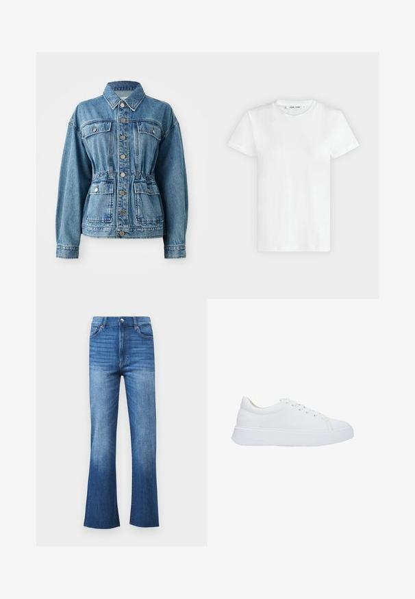 Lichtblauwe denimjack met een kraag, voorzakken en een elastische taille. Voorzien van zilveren knopen en een ontspannen pasvorm.; Effen witte T-shirt met korte mouwen en ronde hals, plat liggend op een lichtgrijze achtergrond, met voorzijde en label aan de binnenkant van de halslijn zichtbaar.; Denim flared jeans met een licht tot donkerblauwe gradient, hoge taille, vijfzakken ontwerp en een ruwe zoom bij de enkels.; Witte leren sneakers met een ronde neus, platte veters en een dikke rubberen zool. Gladde textuur met minimale stikseldetails.