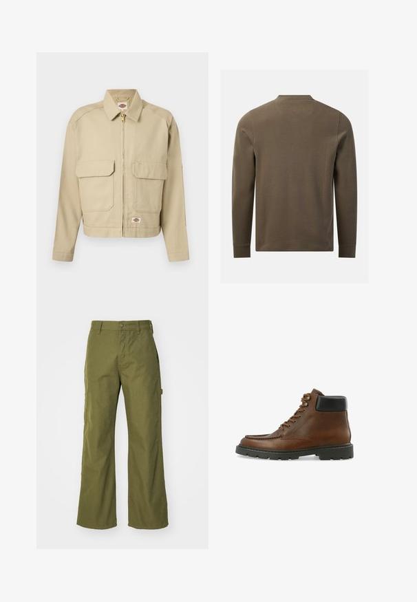 Veste beige à fermeture éclair avec deux grandes poches à rabat à l'avant, col droit, manches longues, et étiquette de la marque Dickies sur la poitrine et l'ourlet.; Chemise texturée vert olive à manches longues, vue de dos avec un col rond et des poignets simples sur fond blanc.; Pantalons larges vert olive en tissu durable, dotés d'une fermeture à bouton, de poches latérales et d'un design à ourlet droit.; Bottine en cuir marron avec col rembourré noir, fermeture à lacets à l'avant, surface texturée et semelle crantée épaisse noire.