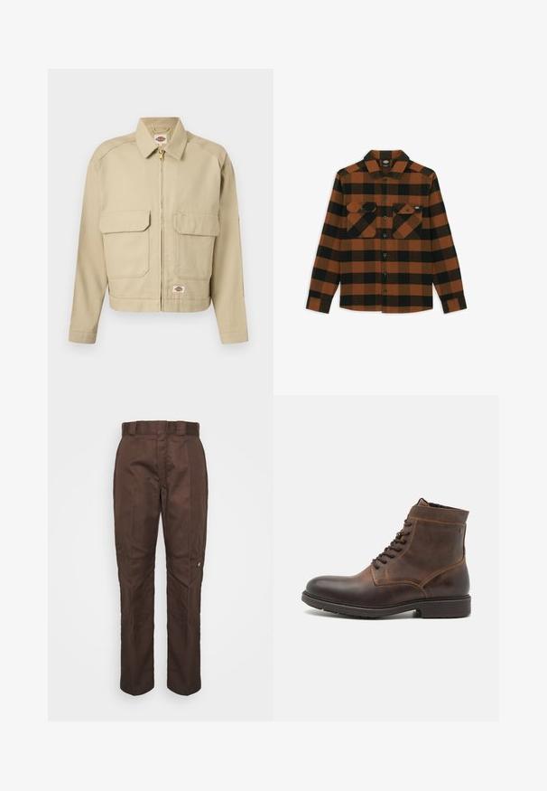 Veste beige à fermeture éclair avec deux grandes poches à rabat à l'avant, col droit, manches longues, et étiquette de la marque Dickies sur la poitrine et l'ourlet.; Chemise à manches longues en motif écossais orange et noir, fabriquée dans un tissu texturé. Comprend deux poches poitrine et une fermeture à boutons.; Pantalon marron à jambe droite avec une texture lisse. Présente des passants de ceinture, des coutures latérales et un petit logo de marque sur la jambe gauche.; Jack & Jones JFWDELANEY BOOT - Bottines à lacets - cognac