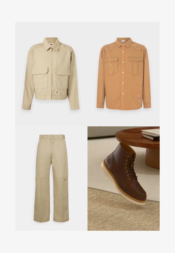 Veste beige à fermeture éclair avec deux grandes poches à rabat à l'avant, col droit, manches longues, et étiquette de la marque Dickies sur la poitrine et l'ourlet.; Chemise en denim marron avec deux poches poitrine, col pointu, devant boutonné et coutures contrastées. Présente un patch logo et un détail boucle.; Pantalons larges beiges en tissu résistant, dotés d'une taille haute, de coutures visibles et d'un petit logo sur le côté.; Bottine en cuir marron avec semelle beige sur un tapis beige texturé à côté d'une table ronde en bois avec des livres empilés.