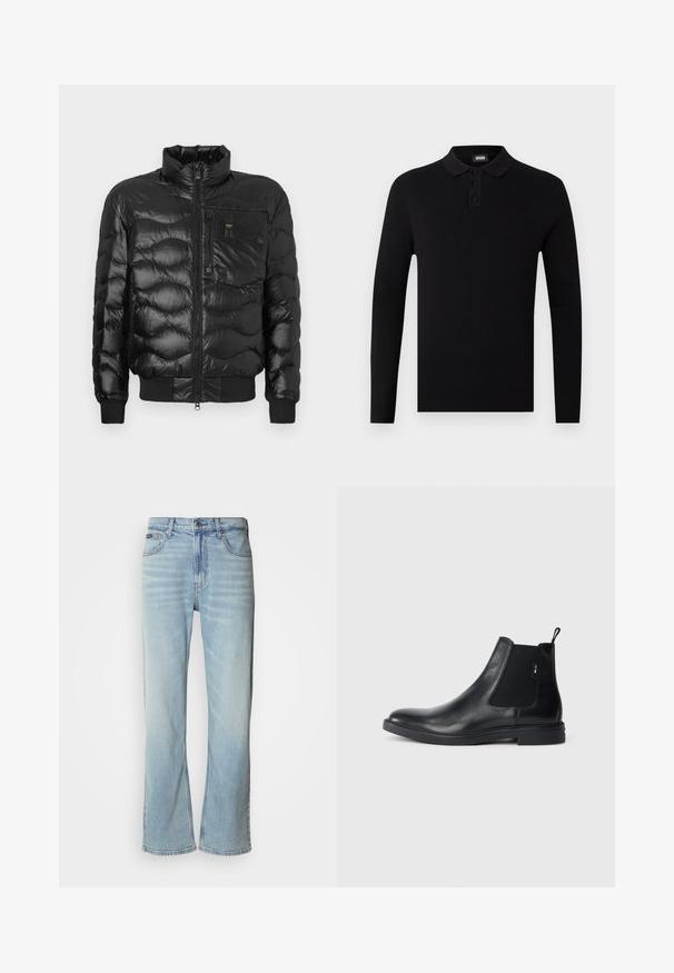 Doudoune noire au fini brillant, dotée d'un col montant, d'une fermeture éclair et de coutures horizontales. Comprend une poche poitrine et des poignets côtelés.; Polo-shirt noir à manches longues avec une texture côtelée, patte de boutonnage à trois boutons et un col doux. Design simple et polyvalent.; Jeans en denim bleu clair avec une coupe droite, dotés de cinq poches, d'une fermeture à bouton et d'une légère décoloration sur le tissu.; Bottines Chelsea en cuir noir avec des panneaux élastiques sur les côtés, une languette arrière et une semelle en caoutchouc plate. Texture lisse avec un minimum de détails.